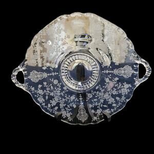 Vintage Etched Glass Two Handle Serving Bowl Compote Floral Lace